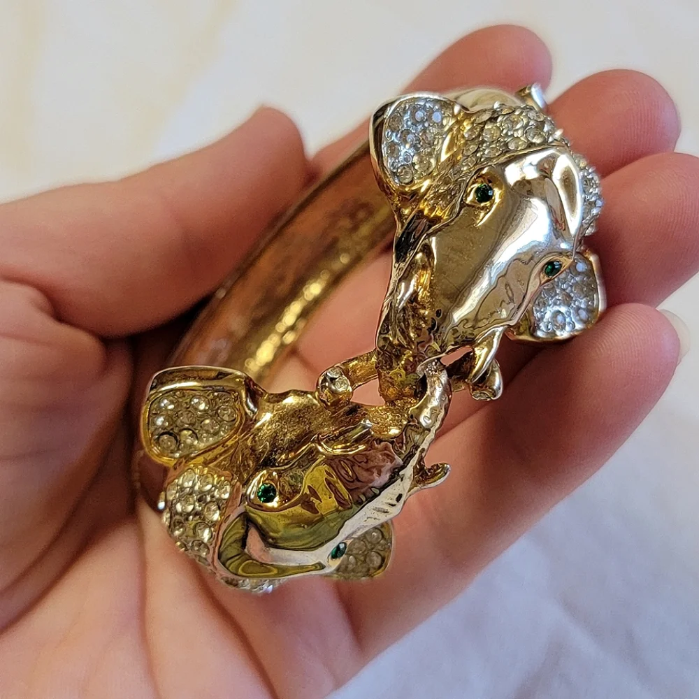 Vintage Double Elephan Bracelet Gold Tone Hinge Open Emerald Green Eyes